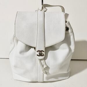 Chanel CC Caviar Leather Vintage Large White Backpack Travel Bag Carryall 90's